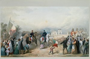 Triumferende indtog af kongen af Sardinien Vittorio Emanuele II og Napoleon III i Milano den 8. juni 1859 (akvarel af Michele Bisi