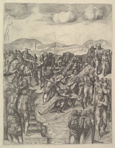 Sankt Peters korsfæstelse, efter Michelangelos fresker i Pauline Chapel, Va..., 1550-60. af Michele Lucchese