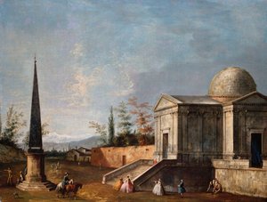 Elegante figurer foran en kuplet klassisk kirke, en obelisk til venstre af Michele Marieschi