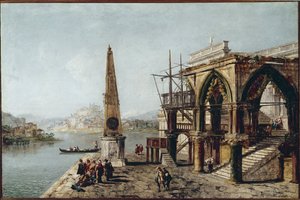 Imaginary View med Obelisk (olie på lærred af Michele Marieschi