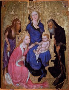 Det mystiske ægteskab mellem Saint Catherine og de hellige Johannes Døberen og Anthony af Egypten - Maleri, omkring 1420 af Michelino Molinari da (attr. to) Besozzo