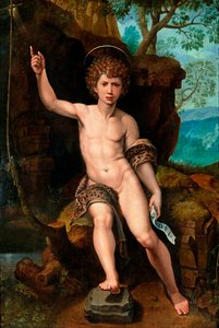 ""Repræsentation af Johannes Døberen"" (Sankt Johannes Døberen) Maleri af Michael Coxcie (Michiel Coxien) (De Coxien, De Coxcie, Coxius, Van Coxcie og Coxie) (1499-1592) 1500-tallet Olie på træ Dim 104x73 cm Privat Samling af Michiel I Coxie or Coxcie