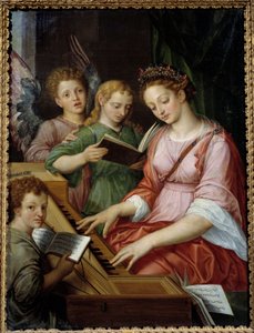 Saint Cecile spiller cembalo Maleri af Michael Coxcie (Michiel Coxien) (De Coxien, De Coxcie, Coxius, Van Coxcie og Coxie) (1499-1592)