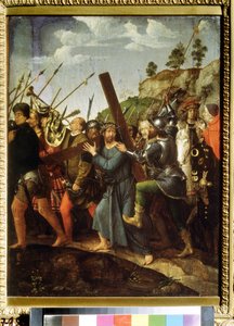 Kristus bærer korset. (Kristus bærer korset). Maleri af Michael Sittow (1460 eller 1468-1525). Olie på lærred, 37,5 x 28,3 cm, ca. 1518-1525. Hollandsk kunst, renæssance. Pushkin Museum of Fine Arts, Moskva.