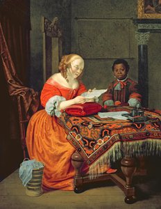 En kvinde læser et brev med en sort tilstede, 1670