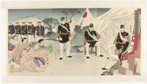 Kinesiske generaler fanget levende ved Pyongyangs sejr Heijô daishô Shinshô seiho no zu (titel på objekt) af Migita Toshihide