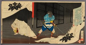 Tokimune (Soga Goro) sniger sig ind i Yoritomos bolig (Tokimune Kamakura-dono no kariya o sawagasu) af Migita Toshihide