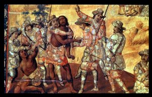 Detalje af Conquistadorerne, der skærer hænderne af Two Spies of Xicotencatl