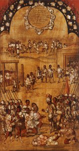 Erobringen af Mexico, Panel III, ca. 1696-1715 (maling på træ) af Miguel Gonzalez
