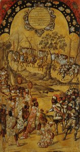 Erobringen af Mexico, Panel VIII, ca. 1696-1715 (maling på træ) af Miguel Gonzalez