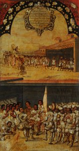 Erobringen af Mexico, Panel XV, ca. 1696-1715 (maling på træ) af Miguel Gonzalez