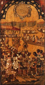 Erobringen af Mexico, Panel X, ca. 1696-1715 (maling på træ) af Miguel Gonzalez