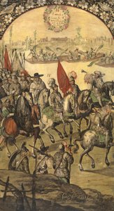 Hernan (ou Hernando) Cortes ou Fernand Cortez (1485-1547) et en suite arrivent au tenochtitlan (mexique) - Erobringen af ​​Mexico af Hernan Cortes par Gonzalez, Miguel og Juan (aktiv Slutningen af ​​det 17. århundrede). Olie på træ, størrelse: 97x53