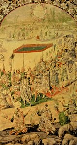 Et af et par paneler, der viser mødet mellem Hernando Cortes (1485-1547) og Montezuma (1466-1520): Montezuma og hans tilhængere, 1698