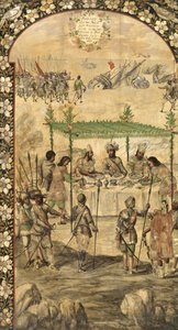 Beordrer ødelæggelsen af skibene og mødes med ambassadørerne fra Montezuma (Moctezuma, Moteuczoma, Motecuhzoma) (1466-1520) i 1520 - Erobringen af Mexico af Hernan Cortes par Gonzalez, Miguel og Juan (aktiv Slutningen af det 17. århundrede). Olie på træ, s