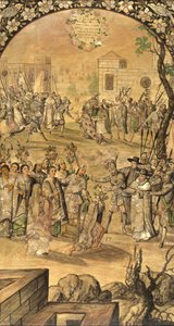 Erobringen af Mexico af Hernan Cortes par Gonzalez, Miguel og Juan (aktiv Slutningen af det 17. århundrede). Olie på træ, størrelse: 97x53