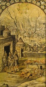 Erobringen af Mexico af Hernan Cortes par Gonzalez, Miguel og Juan (aktiv Slutningen af det 17. århundrede). Olie på træ, størrelse: 97x53