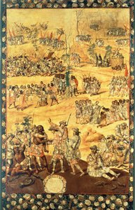 Mødet mellem Hernando Cortes (1485-1547) og Montezuma (1466-1520), panel fra erobringen af Mexico
