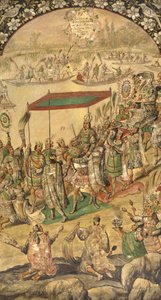 The Welcome of Montezuma (Moctezuma, Moteuczoma, Motecuhzoma)(1466-1520) - Erobringen af Mexico af Hernan Cortes par Gonzalez, Miguel og Juan (aktiv Slutningen af det 17. århundrede). Olie på træ, størrelse: 97x53 af Miguel and Juan Gonzalez