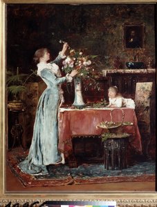""La composite du bouquet"" (Komponerer en buket) En middelklassekvinde (ungarsk?) forbereder en buket blomster, hendes datter kigger på hende. Maleri af Mihaly Munkacsy (1844-1900) omkring 1880 Pushkin Museum, Moskva af Mihály Munkácsy