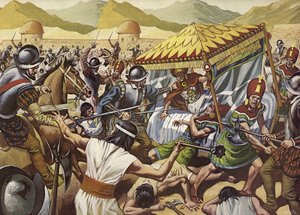 Spanierne vælter inkariget i Peru. (farvelitografi)