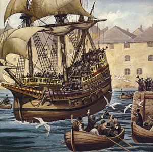 Westward Ho! Mayflower forlader Plymouth Ho den 16. september 1620 (farvelitografi)