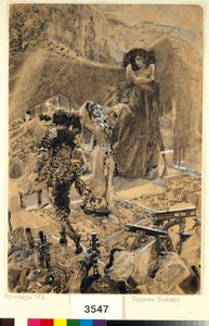 Tamaras dans - Illustration fra digtet ""Dæmonen"" af Mikhail Lermontov (1814-1841) - Kunstværk af Mikhail Alexandrovich Vrubel (Vrubel) (1856-1910) af Mikhail Aleksandrovich Vrubel