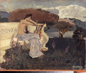 Muse, projekt for et teatergardin (Muse - Design for a Theatre Curtain) - Maleri af Mikhail Alexandrovich Vrubel (Vrubel) (1856-1910), olie på lærred, ca. 1890 - Russisk scenekunst af Mikhail Aleksandrovich Vrubel