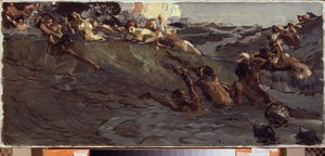 Playing Naiads and Tritons - Maleri af Mikhail Alexandrovich Vrubel (Vrubel) (1856-1910), olie på lærred af Mikhail Aleksandrovich Vrubel