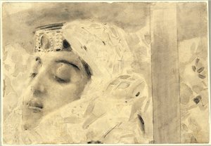 Tamara i en kiste - Illustration fra digtet ""Dæmonen"" af Mikhail Lermontov (1814-1841) - Kunstværk af Mikhail Alexandrovich Vrubel (Vrubel) (1856-1910) af Mikhail Aleksandrovich Vrubel
