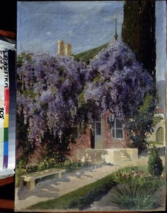 Et hus flettet sammen med blåregn. Maleri af Mikhail Alexandrovich Alisov (1859-1933). Olie på lærred, 62,3 x 44,4 cm. Russisk skole i begyndelsen af ​​det 20. århundrede. Museum for arkitektur og kunst, Alupka, Ukraine. ©FineArtImage/Leemage af Mikhail Alexandrovich Alisov