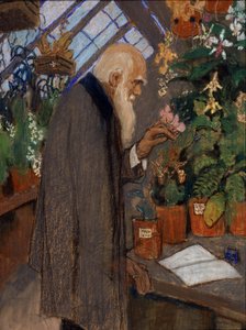 ""Portræt af videnskabsmanden Charles Robert Darwin (1809-1882) der undersøger planter i Langdon-Down drivhuset"" Maleri af Mikhail Dmitrievich Ezuchevsky (1880-1928) 1920 State Darwin Museum, Moskva