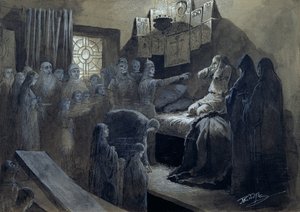 Ivan IV (1530-84) den Forfærdelige besøgt af spøgelserne fra dem, han myrdede (pen og blæk med farve på papir)