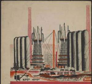 Illustration du livre pour enfants ""Combinat metallurgique Kuznets : un geant socialiste"" - Illustration til børnebogen ""Kuznets Metallurgical Combine: A Socialist Giant"", af Gurevich, Mikhail Lvovich (1904-1943). Farvelitografi af Mikhail Lvovich Gurevich