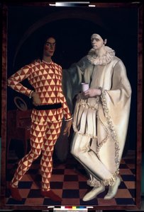 Harlekin og Pjerrot (Selvportrætter, i kostumer fra Comedia dell Arte) - Harlekin og Pjerrot (Selvportrætter) - Maleri af Alexander Yevgenyevich Yakovlev (Alexandre Iacovleff) (1887-1938), olie på lærred