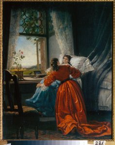 Besøget hos de syge (Visiting the Sick) en kvinde gemmer en lille pige i et sæde, installeret nær vinduet - Maleri af Mikhail Petrovich, Baron Klodt (1835-1914), olie på kobber af Mikhail Petrovich Klodt