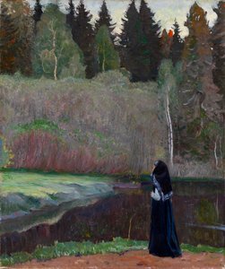 ""Le chant du rossignol"" (Nattergalen synger) En nonne lytter til fuglesang - Maleri af Mikhail Vasilyevich Nesterov (1862-1942) 1918 Dim 81x68,5 cm Privat samling af Mikhail Vasilievich Nesterov