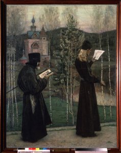 Klokkerne ringer (Ringing the Bells). To munke, der læser, mens de går, er på vej mod en kirke i baggrunden. Maleri af Mikhail Vasilyevich Nesterov (1862-1942), olie på lærred af Mikhail Vasilievich Nesterov