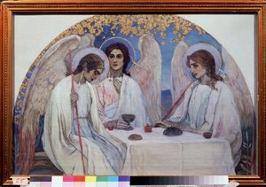 Abrahams gæstfrihed. Treenigheden i Det Gamle Testamente. Repræsentation af de tre engle, der viste sig for Abraham nær Chene de Mambre. (Abrahams gæstfrihed (Det Gamle Testamentes Treenighed). Maleri af Mikhail Vasilyevich Nesterov (1862-1942), olie på læ