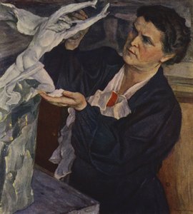 Portræt af den sovjetiske billedhugger Vera Mukhina (farve litho) af Mikhail Vasilievich Nesterov