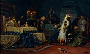 Falder sod. Boyar Druzhina Andreevich Morozov før Ivan den Forfærdelige, 1885 af Mikhail Vasilievich Nesterov
