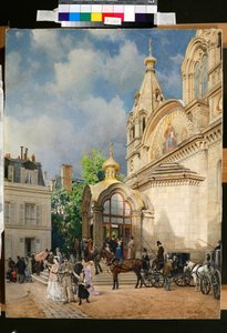 Folk, der forlader en ortodoks kirke - Kunstværk af Mikhail Yakovlevich Villie (1838-1910) af Mikhail Yakovlevich Villie
