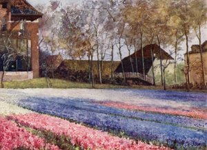 En hollandsk have om foråret (farve litho) af Mima Nixon