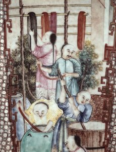 Detalje fra en vase forestillende mænd, der farver silke (keramik) af Ming Dynasty Chinese School