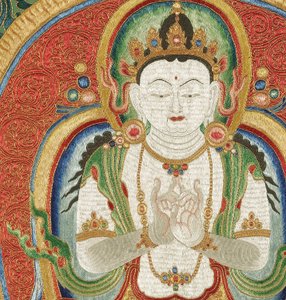 Detalje af kejserlig broderet silke-thangka af Ming Dynasty Chinese School