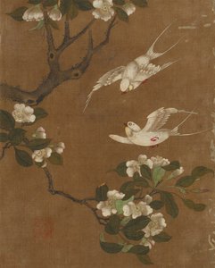 Ti billeder af fugle og blomster (farve på silke)