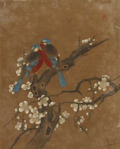 Ti billeder af fugle og blomster (farve på silke)