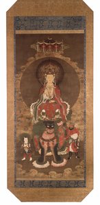 Bodhisattvaen Mañjusrî på en løve, slutningen af det 14. århundrede (blæk, farve og guldpigment på silke) af Ming Dynasty Chinese School
