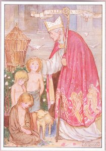 "Vinkler kalder I dem," sagde han. "Nej hellere engle". St Augustine (farve litho) af Minnie Didbin Spooner