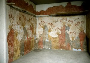 Minoisk kunst: "" Spring"" Fresker fra Akrotiri til Santorini. 16. århundrede f.Kr. Athen, Nationalt Arkæologisk Museum - Minoisk kunst: Foråret. Fresker fra Akrotiri, Santorini. 16. århundrede f.Kr. Nationalt arkæologisk museum, Athen, Grækenland af Minoan